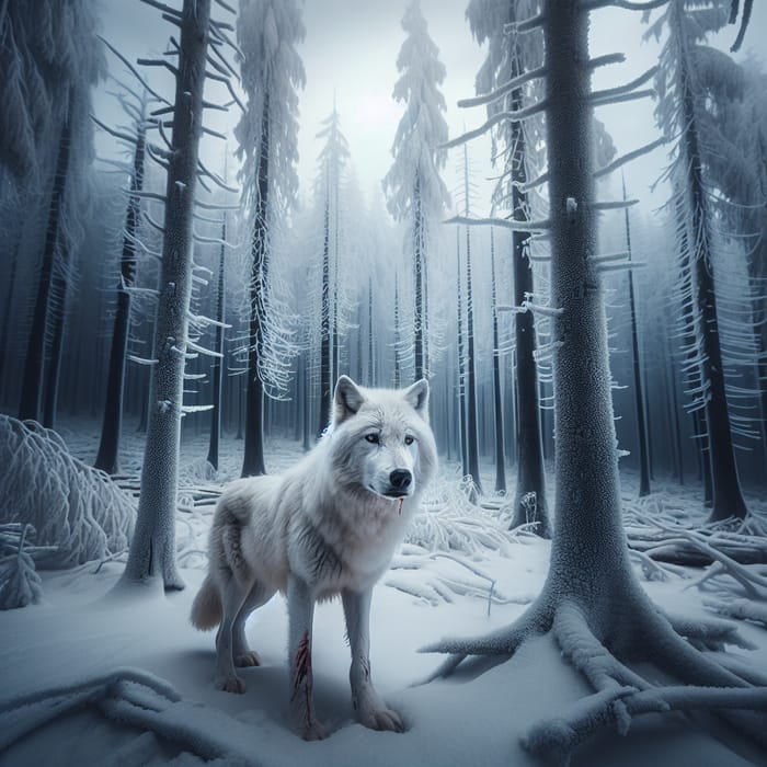 Big White Wolf in Winter Forest | Blood and Survival