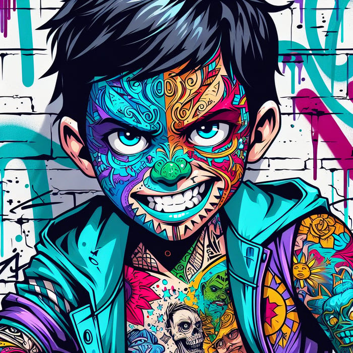 Mischievous Boy with Bold Street Art Tattoos