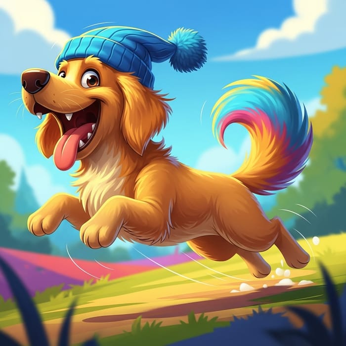 Playful Cartoon Dog Jumping with Blue Hat Playful Cartoon Dog Jumping with Blue Hat