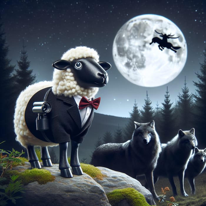 James Bond Sheep Defeats Wolves: Realistic Countryside Scene