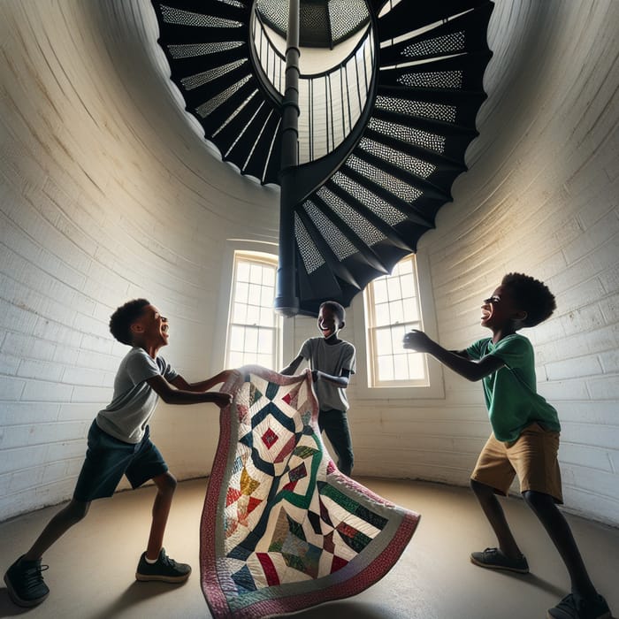 Three Boys having fun with a blanket in a lighthouse