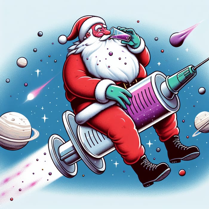 Santa Claus Flying Through Space Sipping Lean on a Syringe