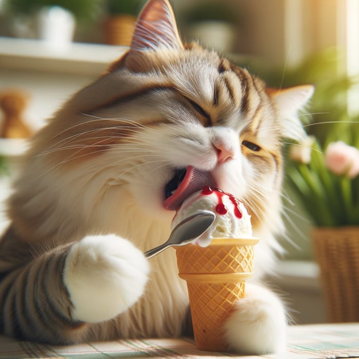 Cat Eating Ice Cream - Adorable Feline Indulging