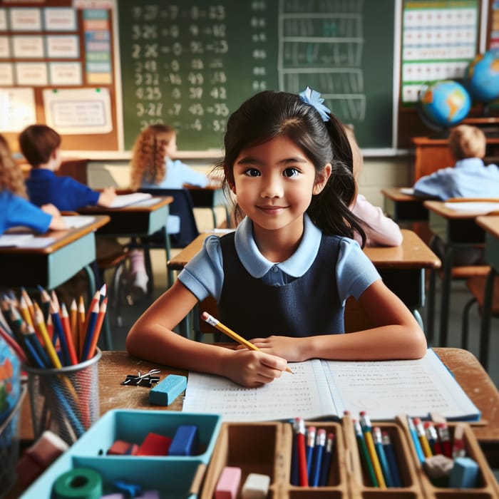 7-Year-Old Girl in School Classroom Scene