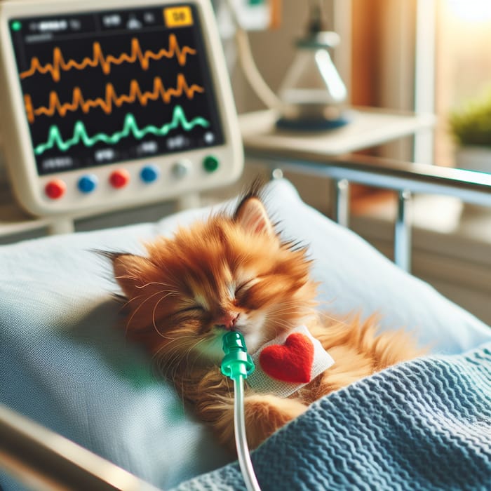 Orange Kitty in Hospital Bed with Heart Monitor