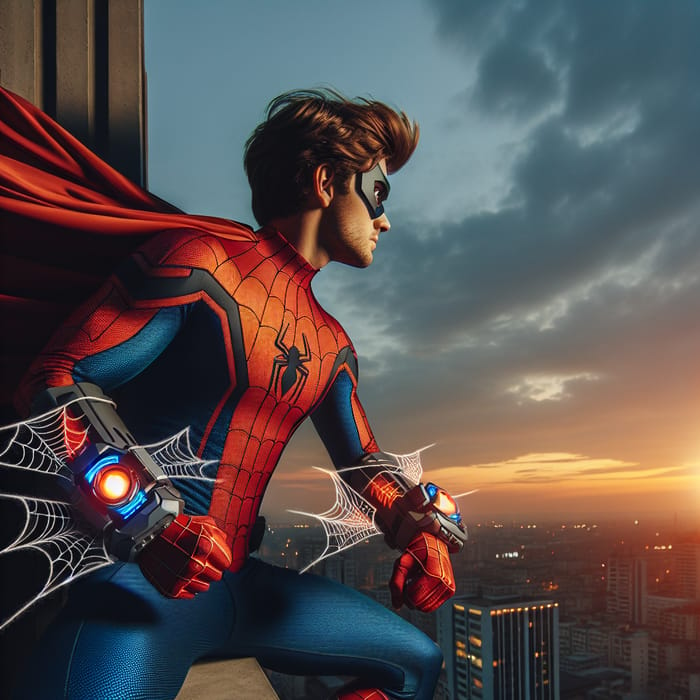 Epic Spider-Man Action: Superhero on a Dusk Rooftop