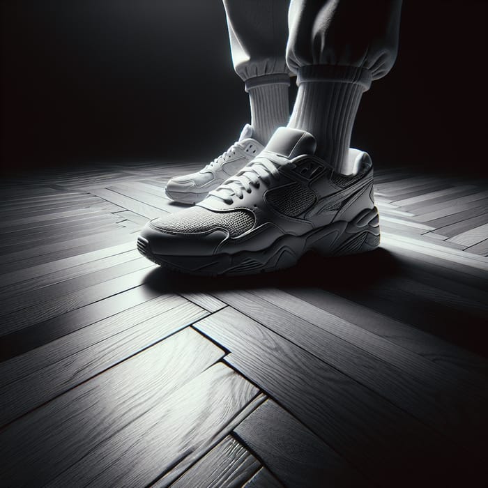 Elegant Nike Sneakers on Sleek Parquet Floor | Artistic Still Life Photography