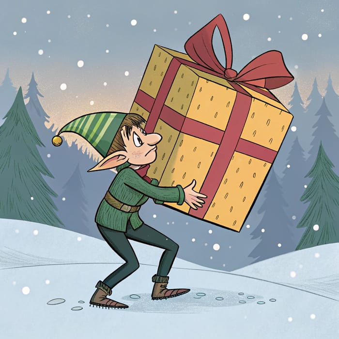 Elf Struggles to Carry a Giant Gift