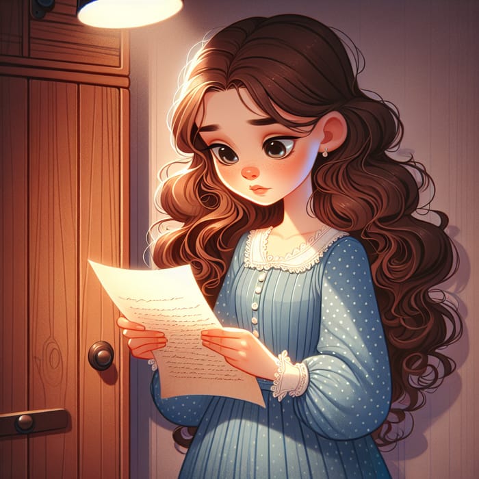 Cartoon Style Girl by Wooden Closet | Cute Curly-Haired Caucasian Girl Reading Note