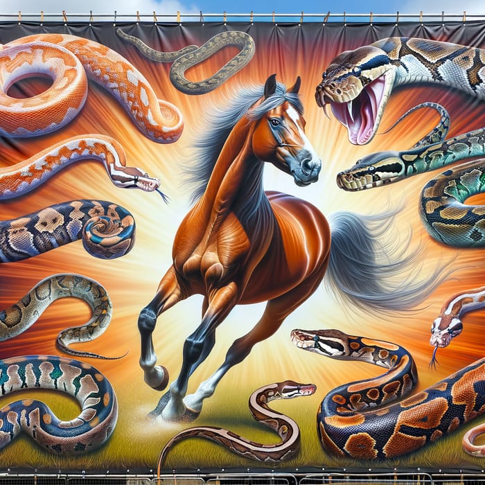 Raucous Horse with Pythons - Vibrant Tarpaulin Scene Raucous Horse with Pythons - Vibrant Tarpaulin Scene