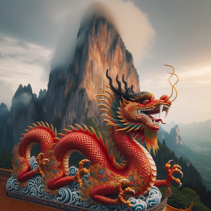 Red and Gold Chinese Dragon at Mountain Base