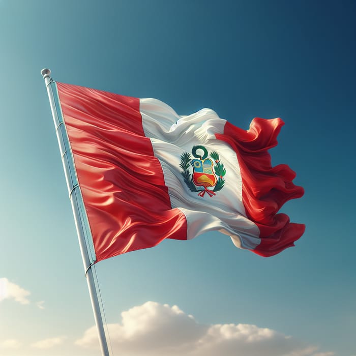 Proudly Waving Peruvian Flag in Blue Sky