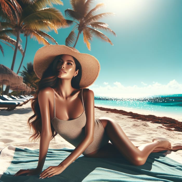 Sunny Beach Scene: Young Woman Relaxing by the Sea