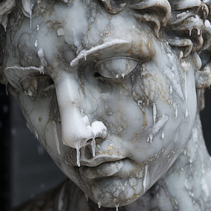 Frozen Condensation on Marble Statue Face