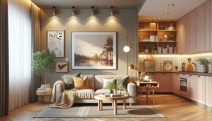 Creative 1:1 Aspect Ratio Print in Cozy Single Apartment Living Room