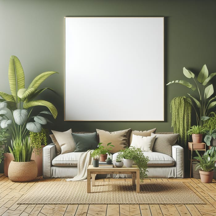 Tranquil Boho Living Room with Lush Green Houseplants