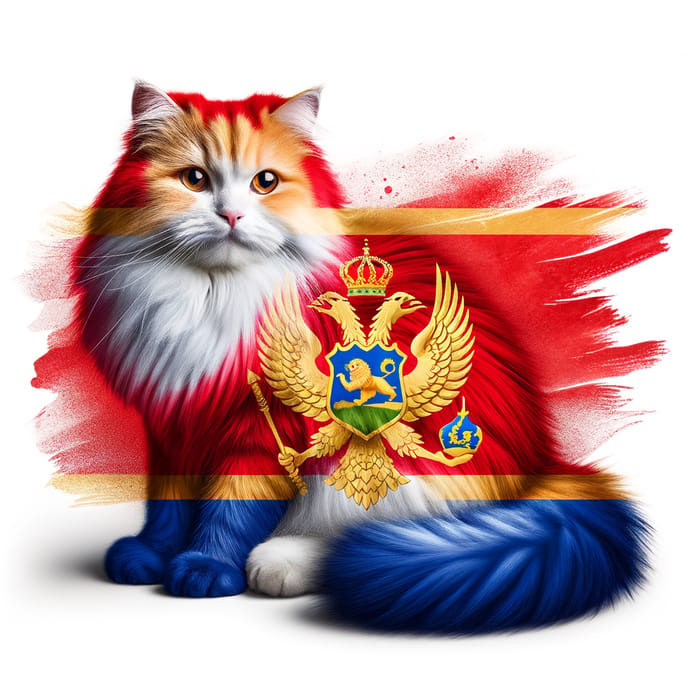 Montenegro Flag-Colored Fluffy Cat Sitting Comfortably