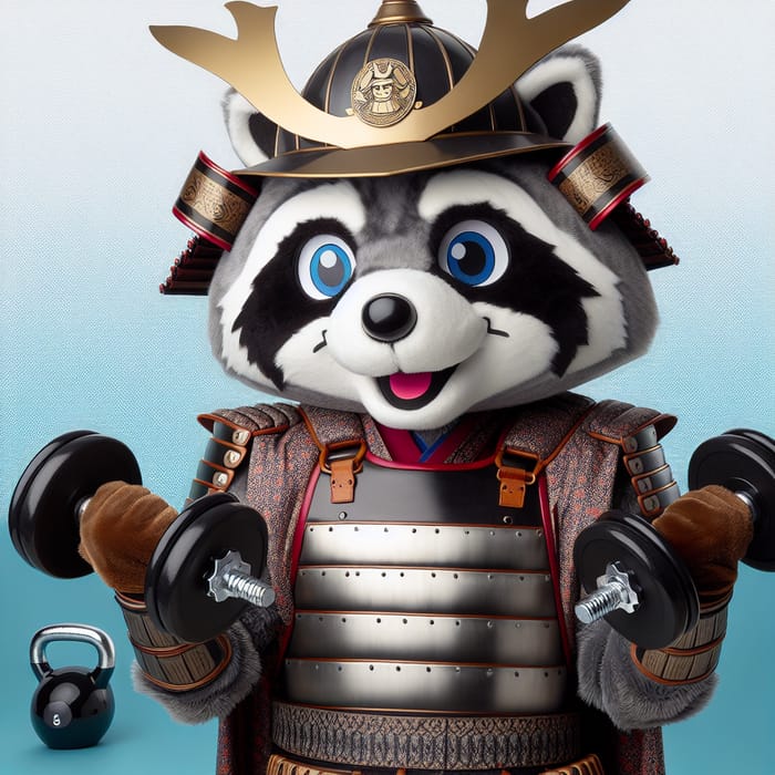 Raccoon Mascot in Shogun Armor Exercising with Dumbbells - Cute and Funny Image