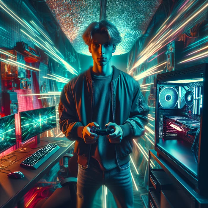 Futuristic Gamer in Neon Ambience | Cyberpunk Gaming Setup