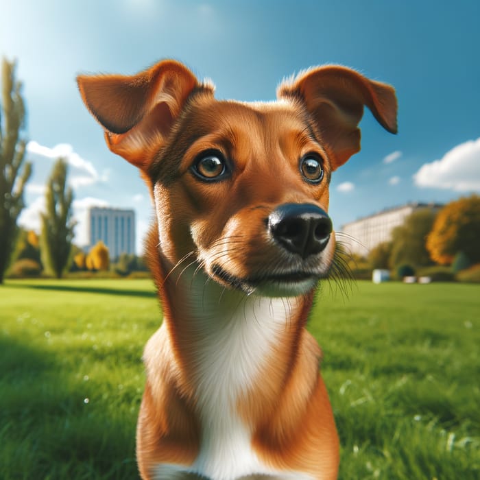 Happy Medium-Sized Dog in Sunlit Park | Nature Photography