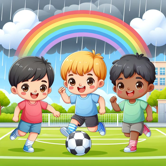 Three Cute Kids Playing Soccer in Rainbows at School