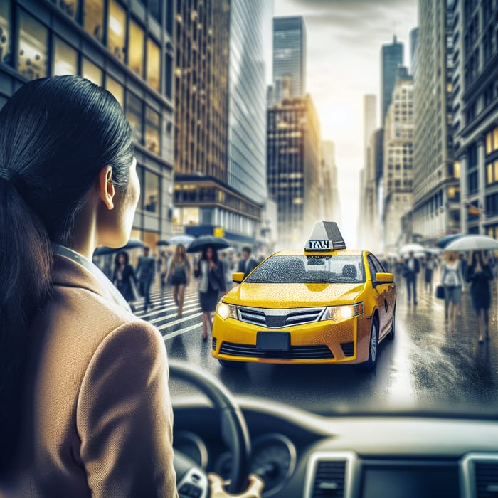 Yellow Taxi Cab on Rainy City Street