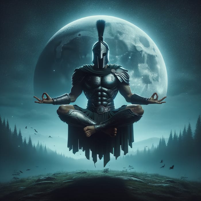 Spartan Warrior Levitating in Lotus Position Under Moonlit Night