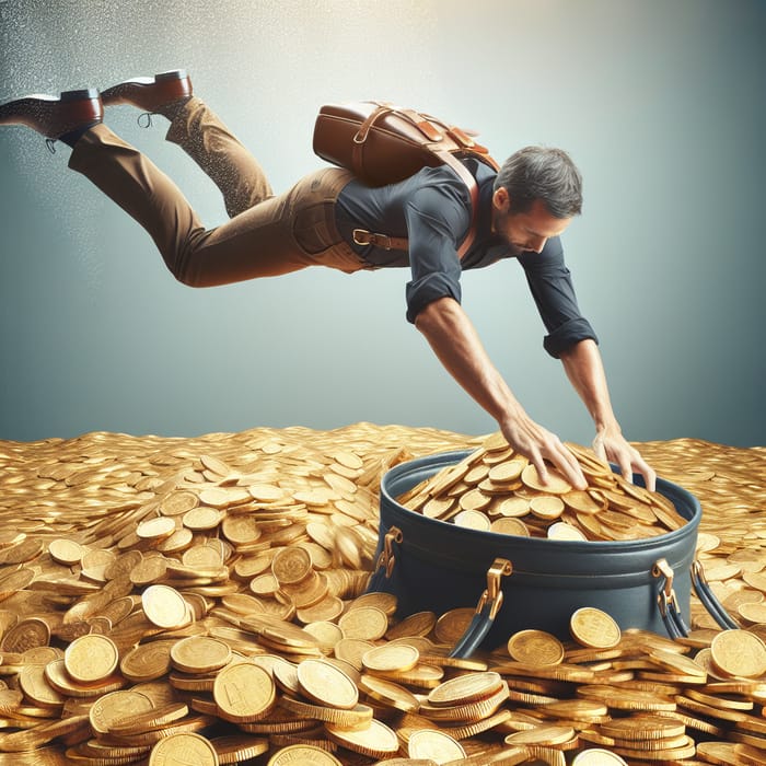 Man Diving into Gold Coins - Explore Golden Depths