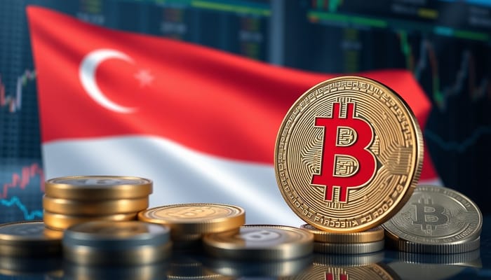 Futuristic Crypto Market with Bitcoin & Singapore Flag