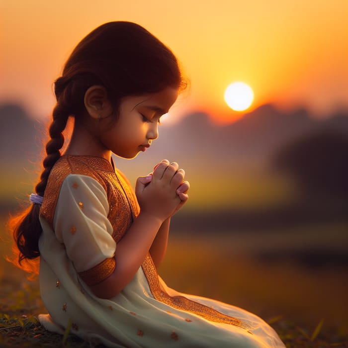 Child Praying Outdoors at Sunset for Peace