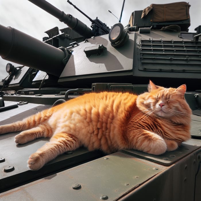 Fat Orange Cat Relaxing on Abrams Tank