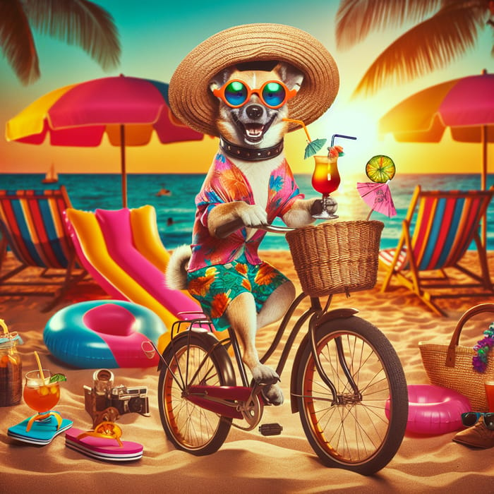 Stylish Dog on Vintage Bicycle at Beach Resort | Tropical Vibe & Retro Aesthetic