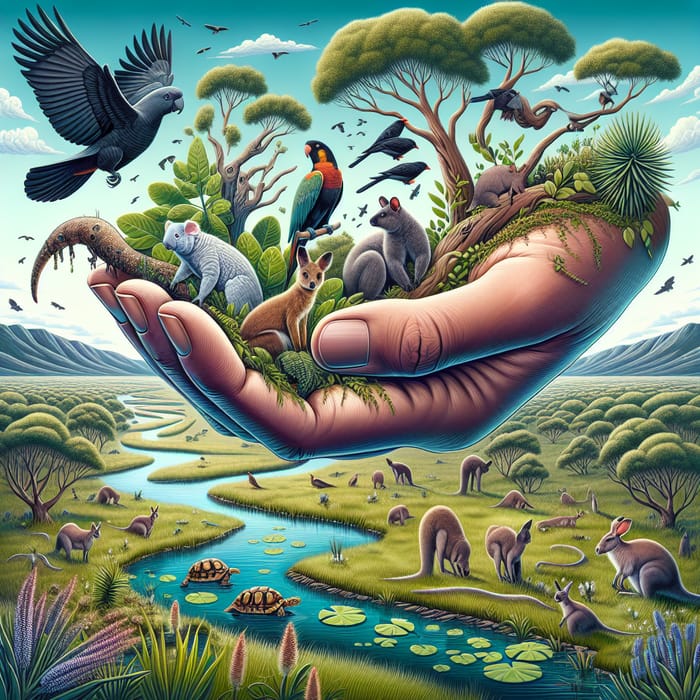 Vivid Biodiversity Conservation Illustration: Human Care & Wildlife