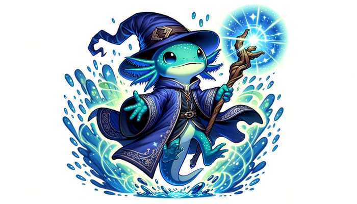 Captivating Water-Green Axolotl Sorcerer Casting Enchanting Spell