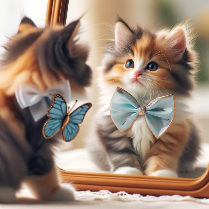 Charming Calico Kitten Watching Reflection | Butterfly Bow