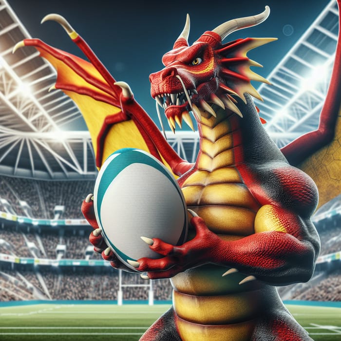 Ferocious Red and Yellow Dragon in Rugby Stadium - Fantasy Illustration