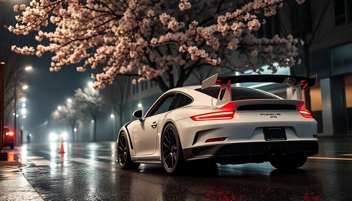 Stunning Porsche GT3 RS: Night Scene Under Sakura Tree