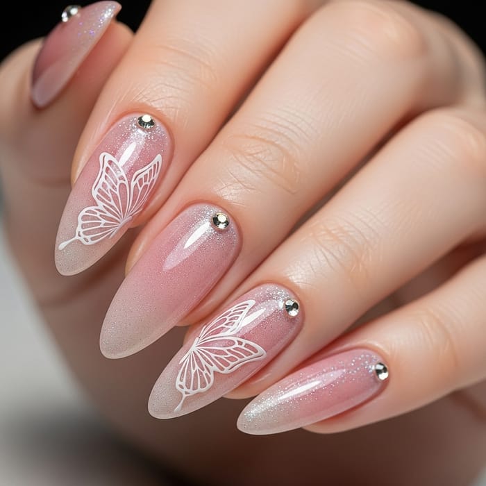 Stylish Almond Acrylic Nails with Butterfly Design Stylish Almond Acrylic Nails with Butterfly Design