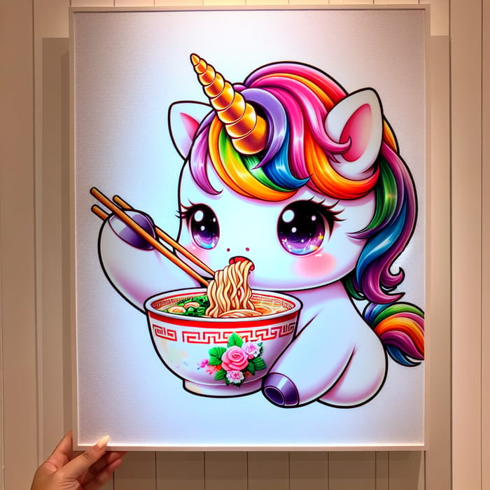 Kawaii Unicorn Eating Ramen, Vibrant Colors, Clear Stroke Outline