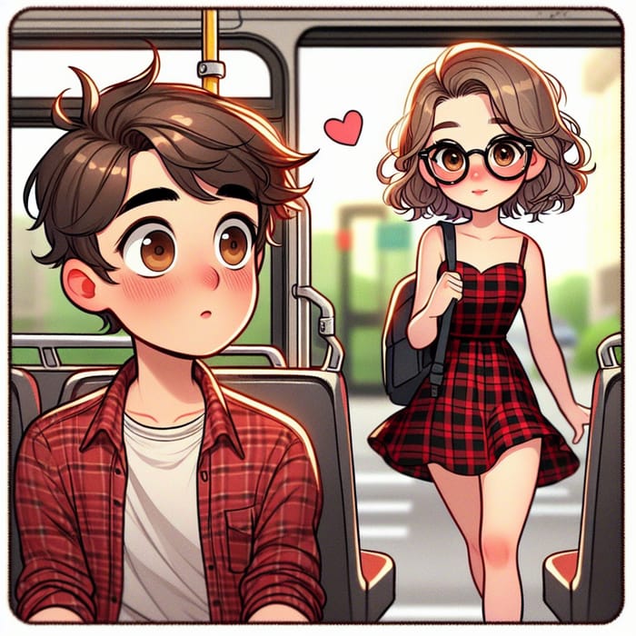 Cartoon Boy Astonished by Curly-Haired Girl Entering Bus