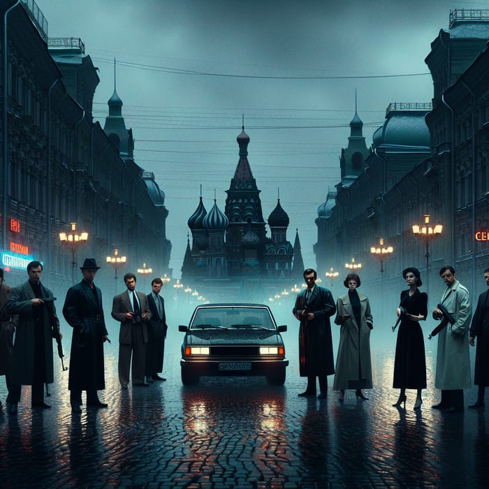 Nineties Russia: Dark City Scene with Men, Guns & Black Car