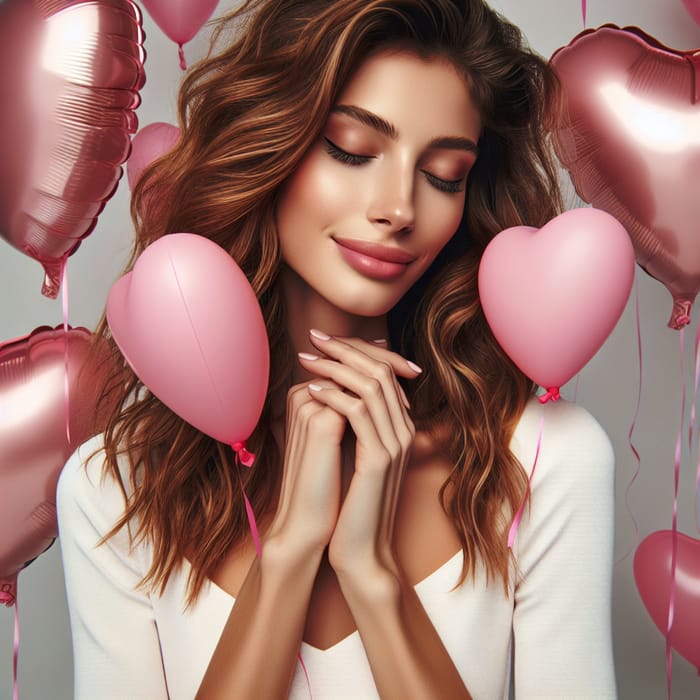 Enamored Woman Embracing Pink Hearts