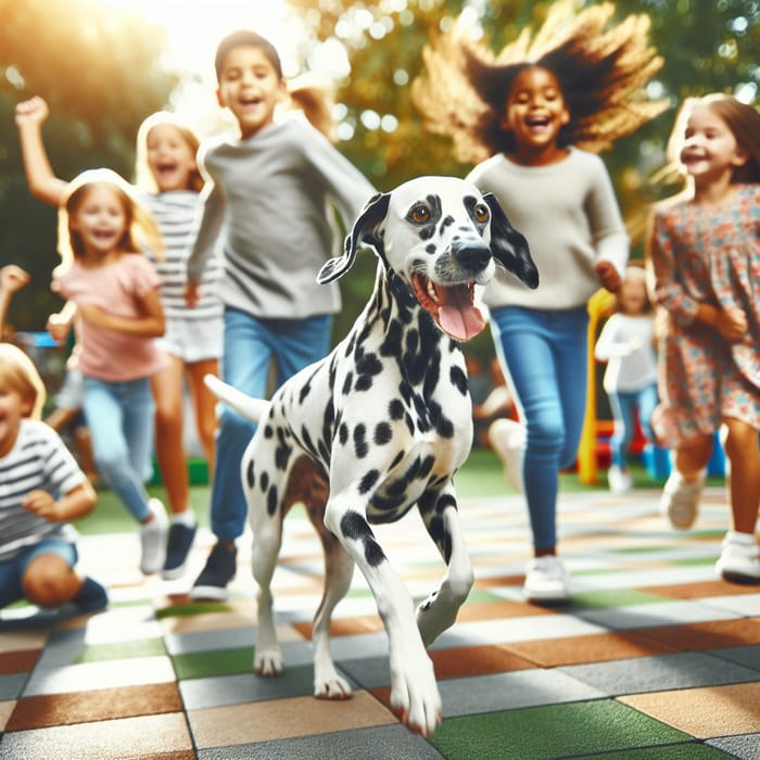 Playful Dalmatian Dog Enjoys Park Fun with Kids