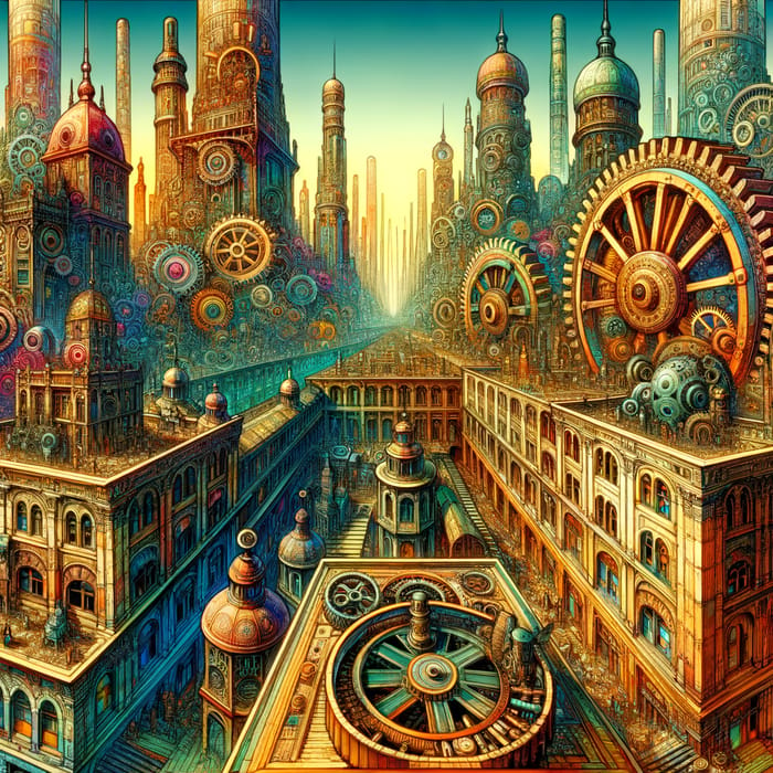 Surreal Steampunk Cityscape: Vibrant Colors, Grandeur Views