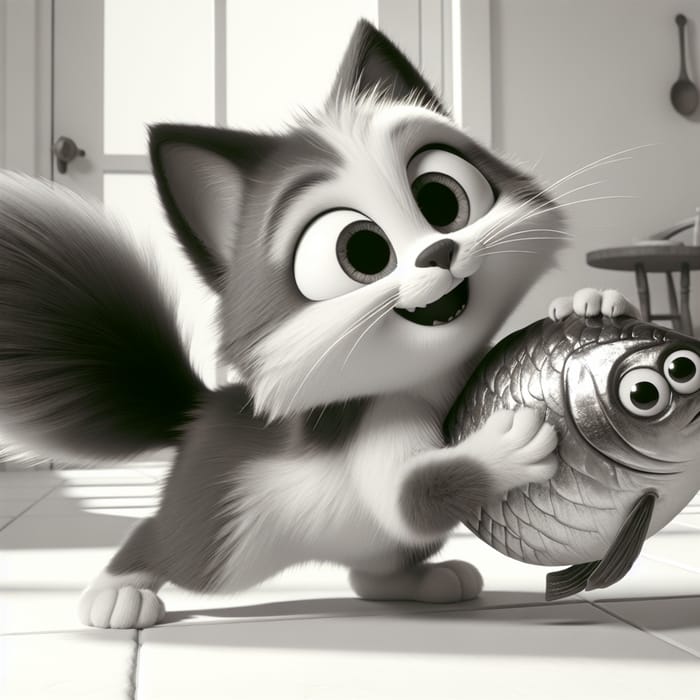 Playful Cartoon Cat with a Fish