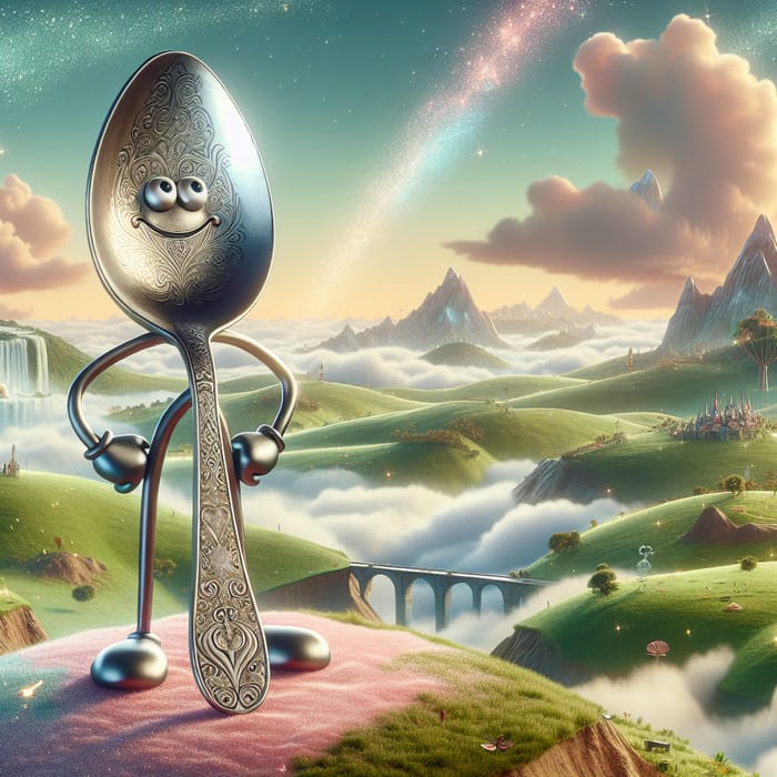 Whimsical Animated Spoon in a Fantasy Landscape - Enchanted Scene Whimsical Animated Spoon in a Fantasy Landscape - Enchanted Scene
