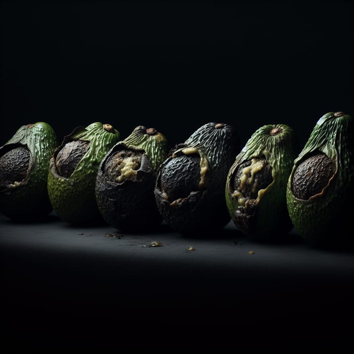 6 Rotting Avocados at Night - Green Decay Under Dark Sky