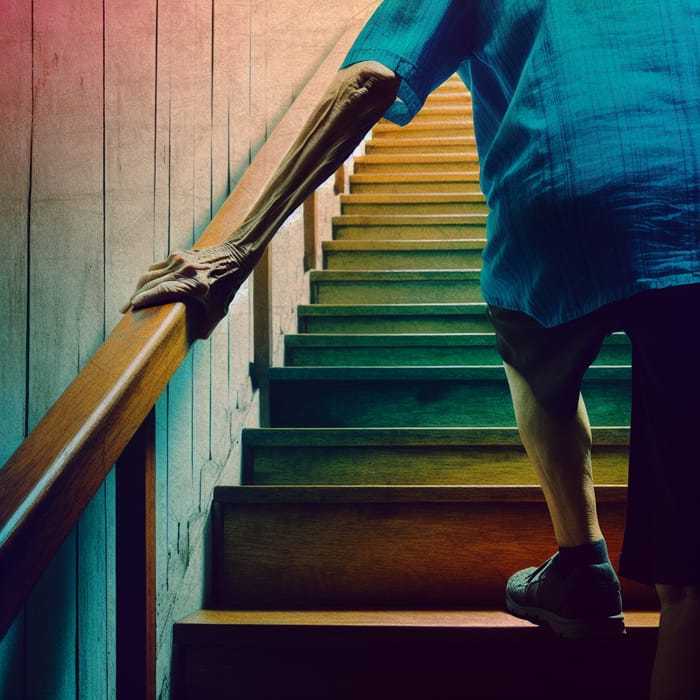 Elderly Person Climbing Colorful Staircase | Vivid Contrast Displayed