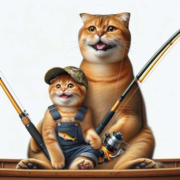 Realistic Ginger Cat and Kitten Fishing in Boat