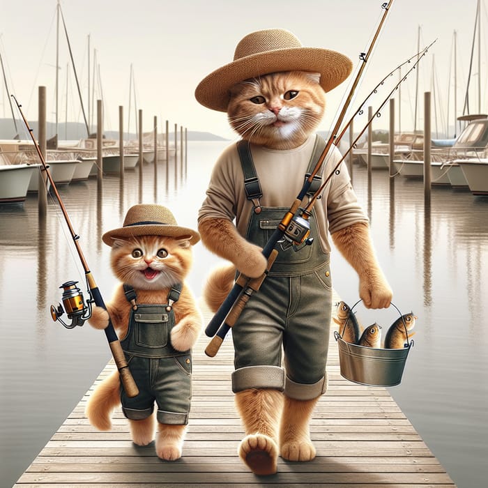 Ginger Cat and Kitten Fishing by the Dock